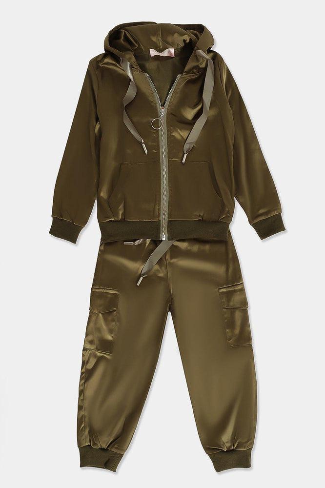 Army Green Satin Kids Utility Tracksuit-SinglePrice