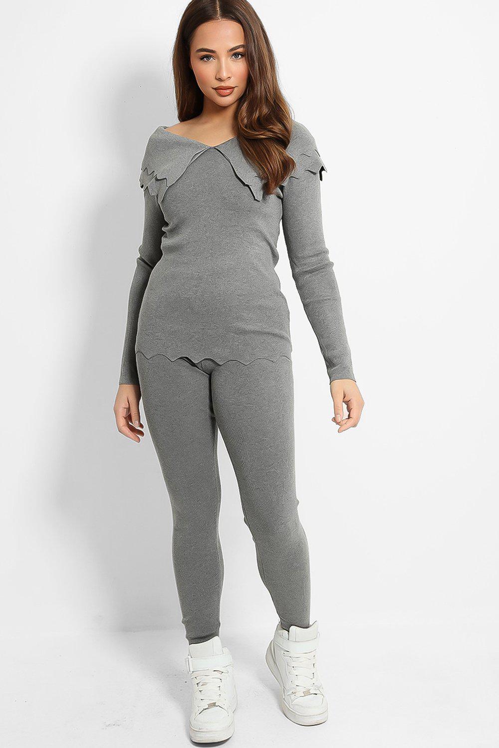 Grey Scallop Layered Fold Detail Flat Knit Lounge Set-SinglePrice
