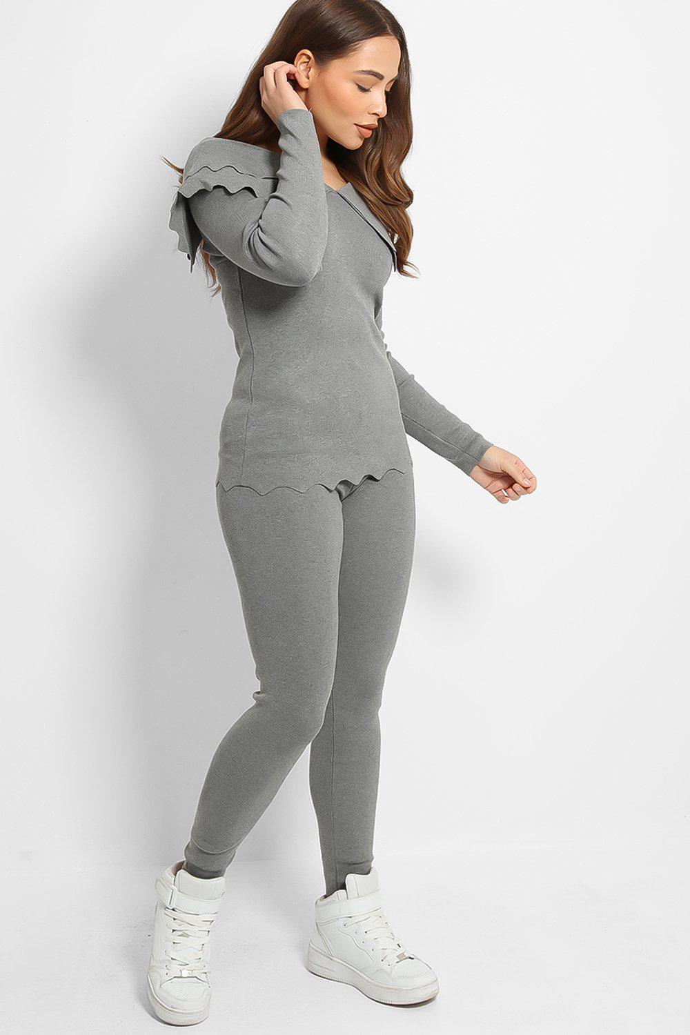 Grey Scallop Layered Fold Detail Flat Knit Lounge Set-SinglePrice