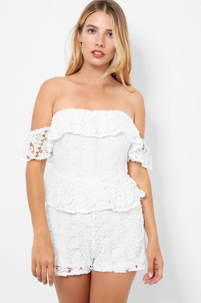 White Lace Peplum Detail Bardot Playsuit - SinglePrice