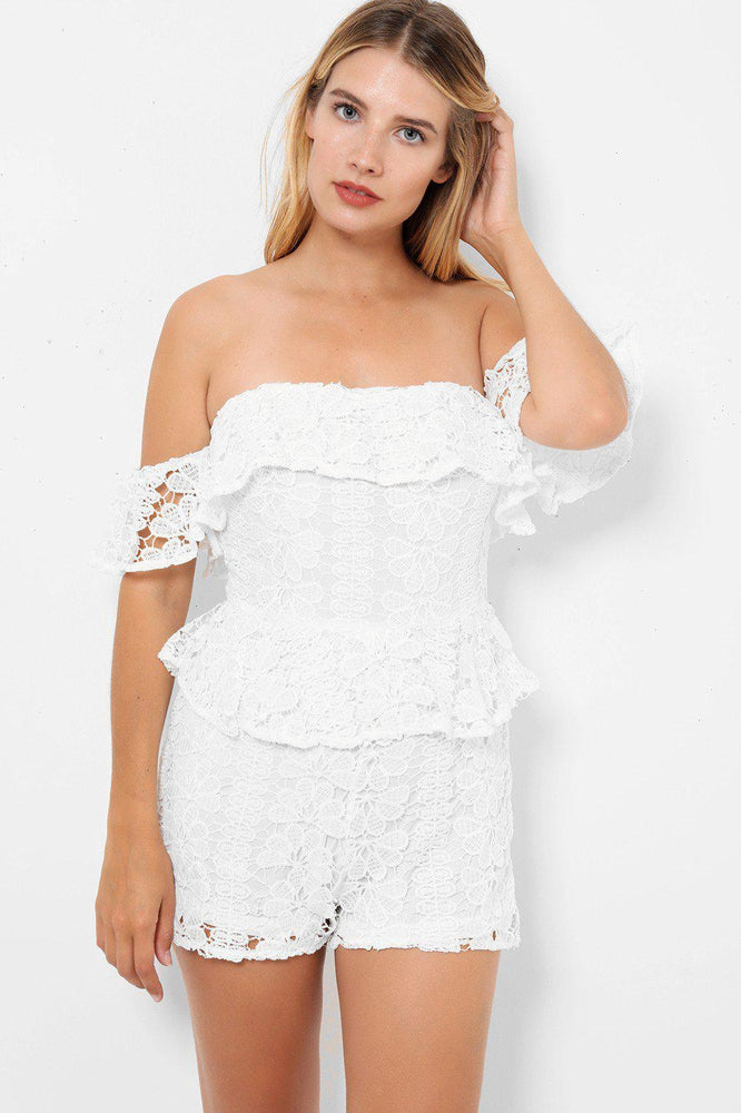 White Lace Peplum Detail Bardot Playsuit - SinglePrice