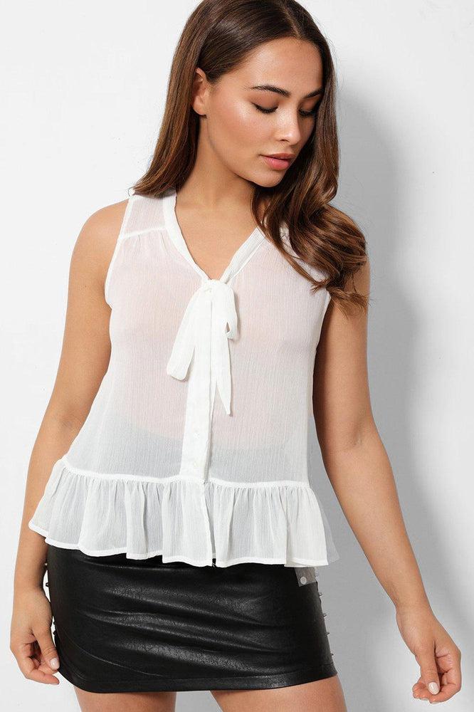 White Ruffle Hem Pussybow Sleeveless Top-SinglePrice