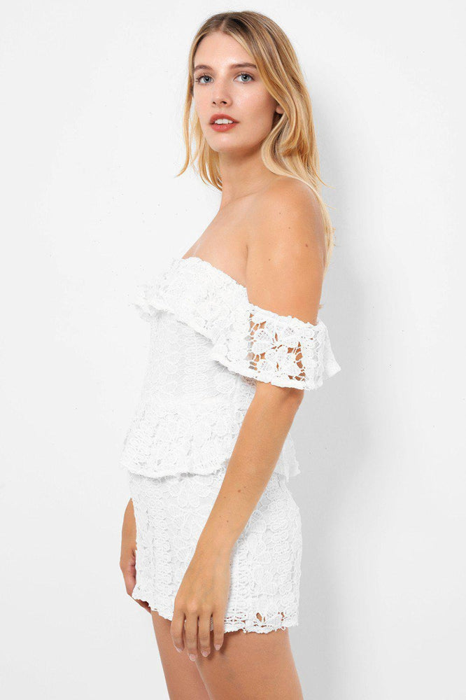 White Lace Peplum Detail Bardot Playsuit - SinglePrice