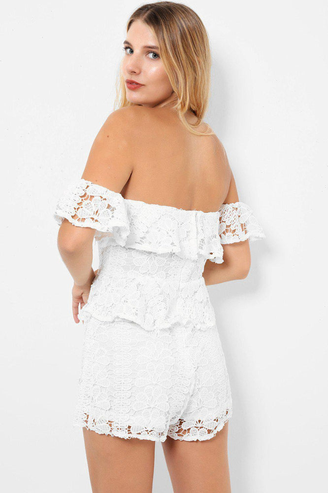 White Lace Peplum Detail Bardot Playsuit - SinglePrice