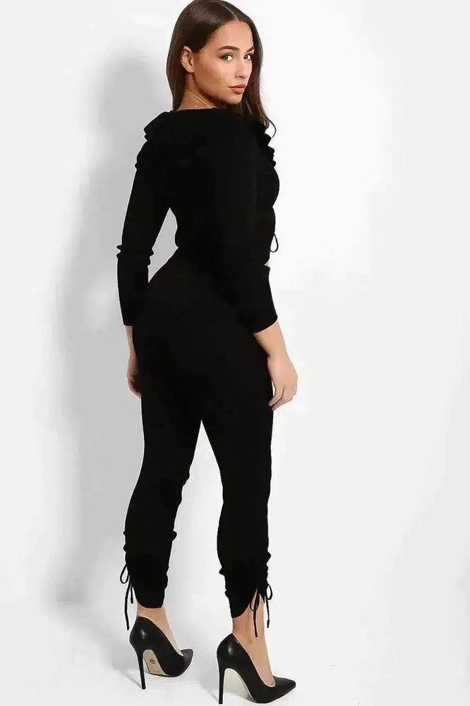 Black Ribbed Knit Drawstring Top Lounge Set-SinglePrice