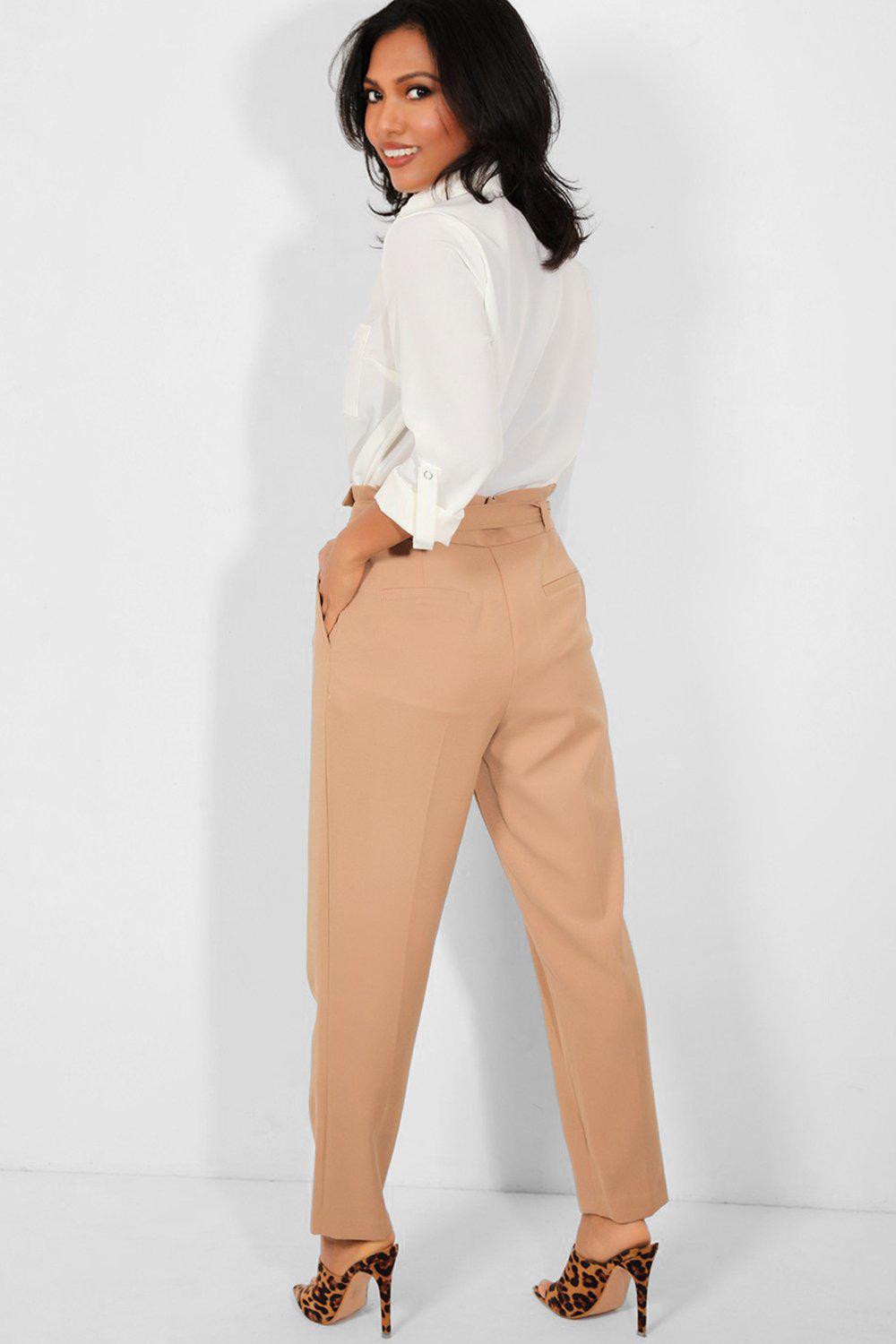 Beige Paperbag Tie Up Waist Smart Casual Trousers-SinglePrice