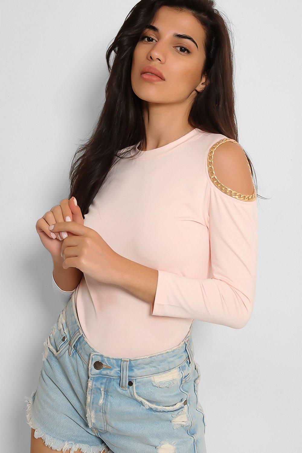 Pink Chain Trim Cold Shoulder Slinky Top-SinglePrice