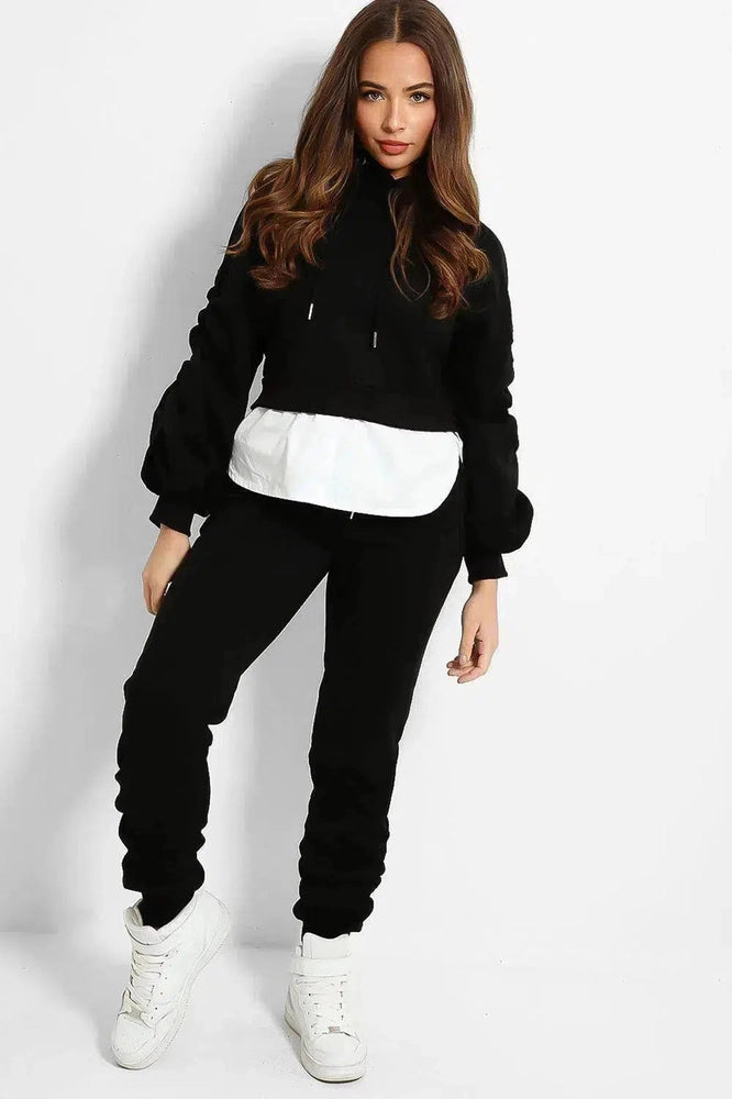 Black Shirt Hem Ruched Sleeve Loungewear Set-SinglePrice