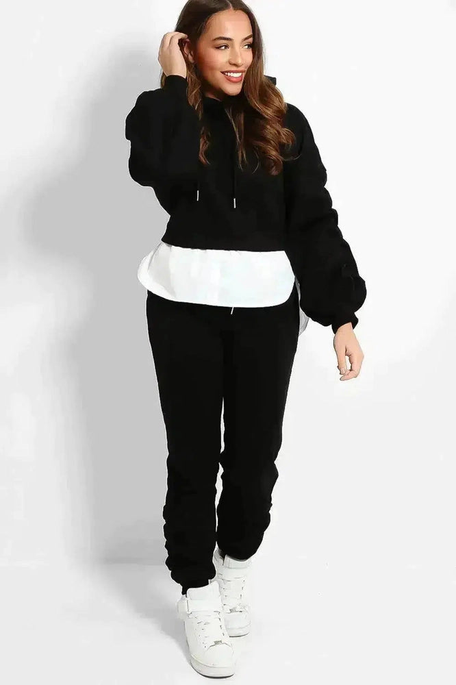 Black Shirt Hem Ruched Sleeve Loungewear Set-SinglePrice
