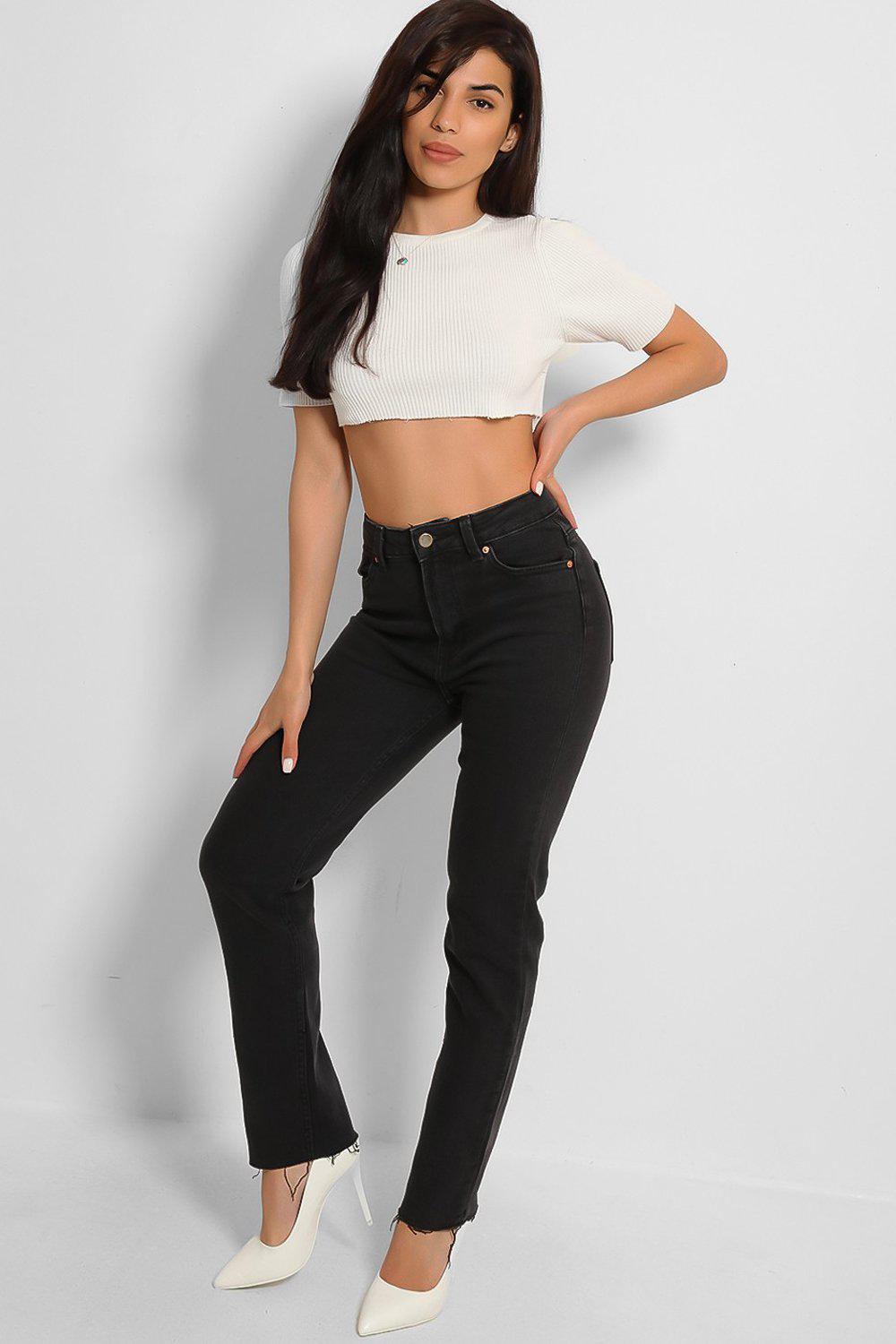 Black Thick Denim Raw Hem Jeans-SinglePrice