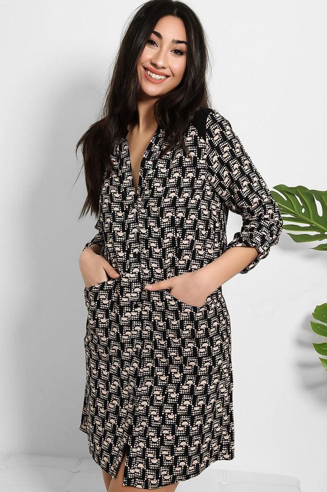 Black Abstract Print Shirt Dress-SinglePrice