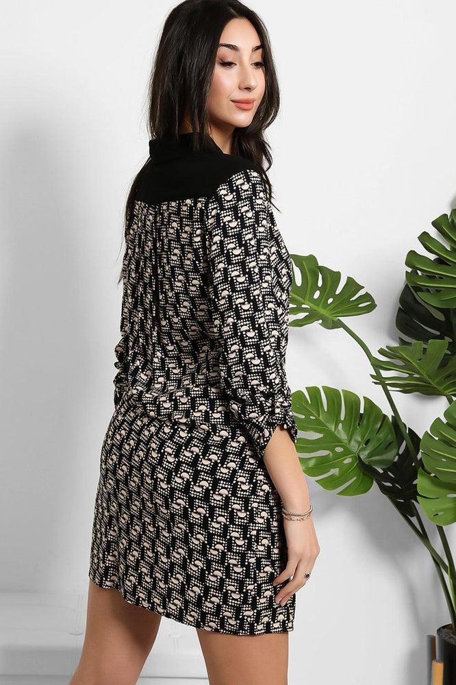Black Abstract Print Shirt Dress-SinglePrice