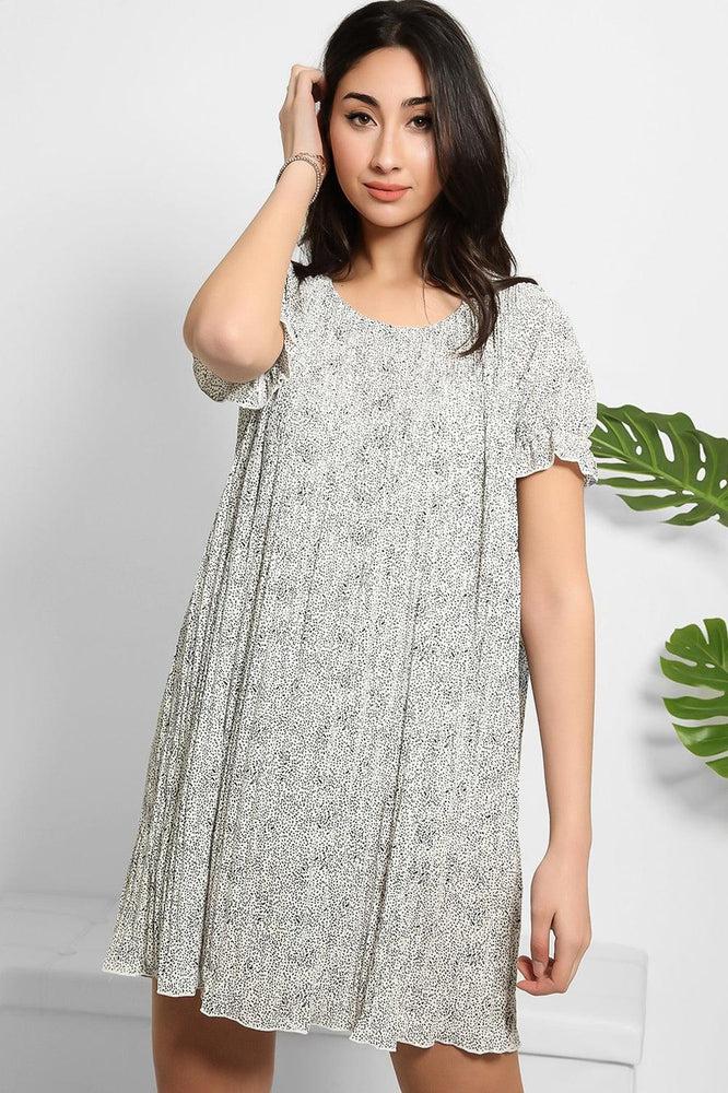 Dotted Print Pleated Shirt Dress-SinglePrice