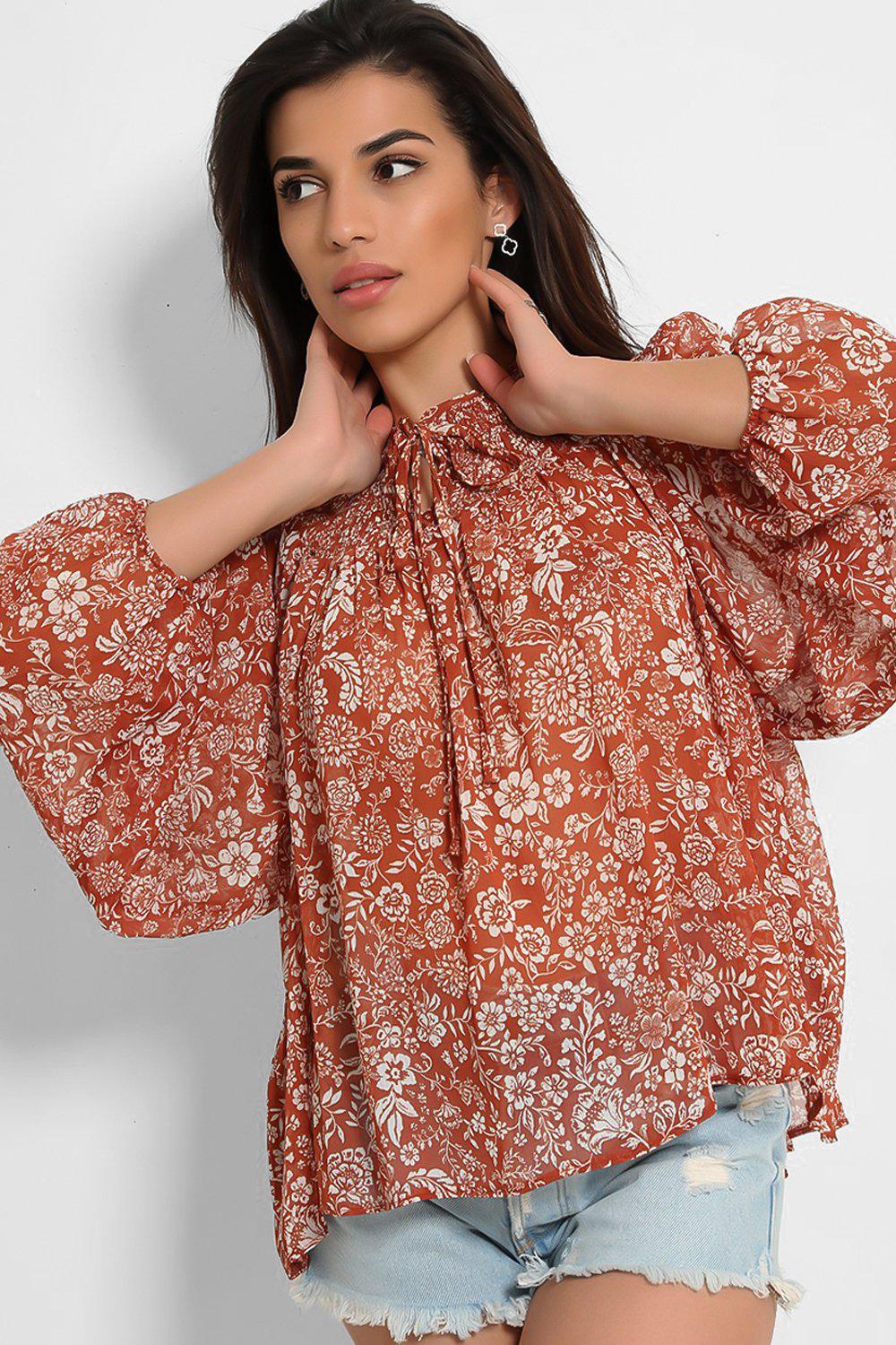 Brown Tiny Floral Print Shirred Neckline Blouse-SinglePrice