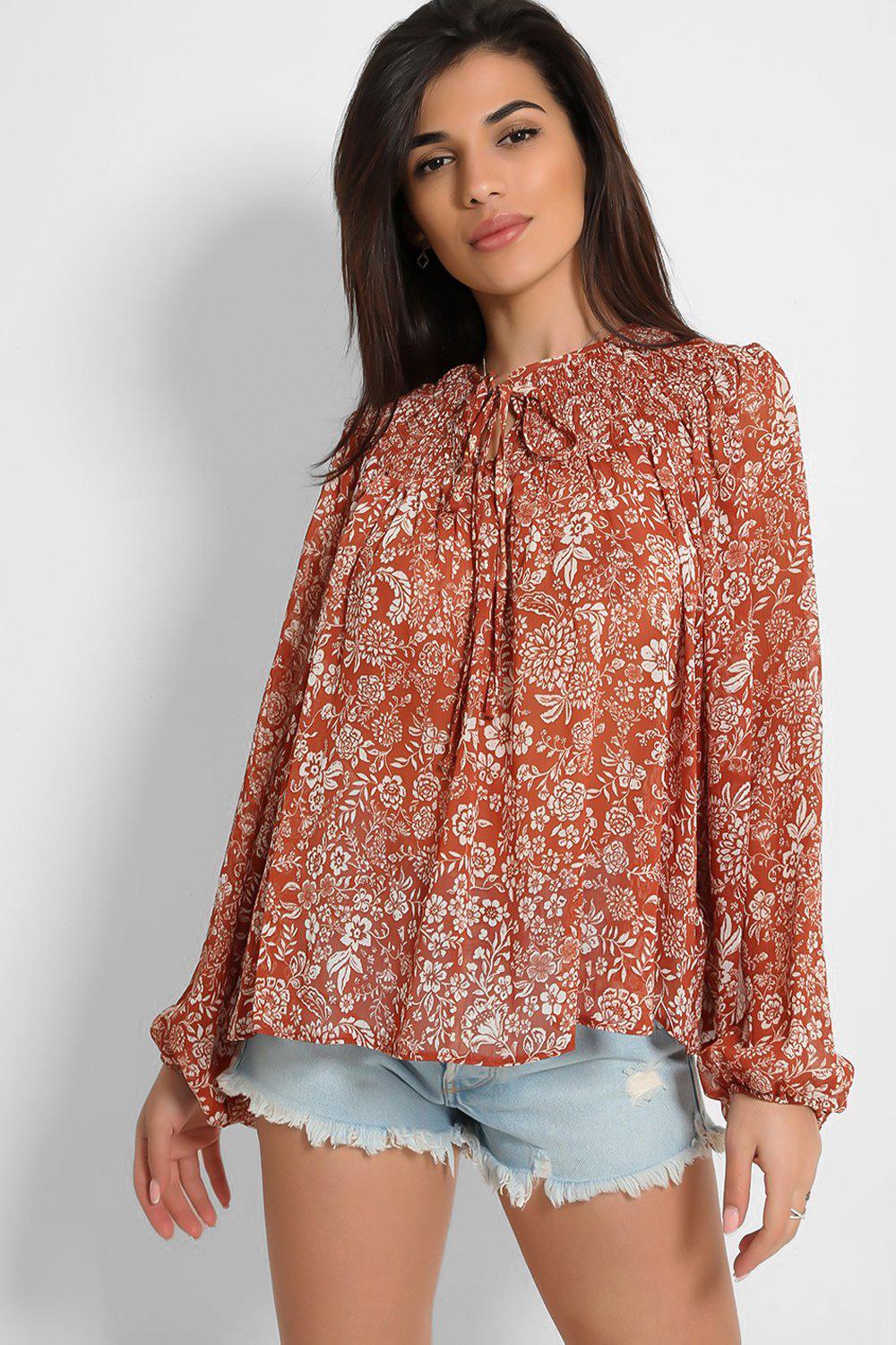 Brown Tiny Floral Print Shirred Neckline Blouse-SinglePrice