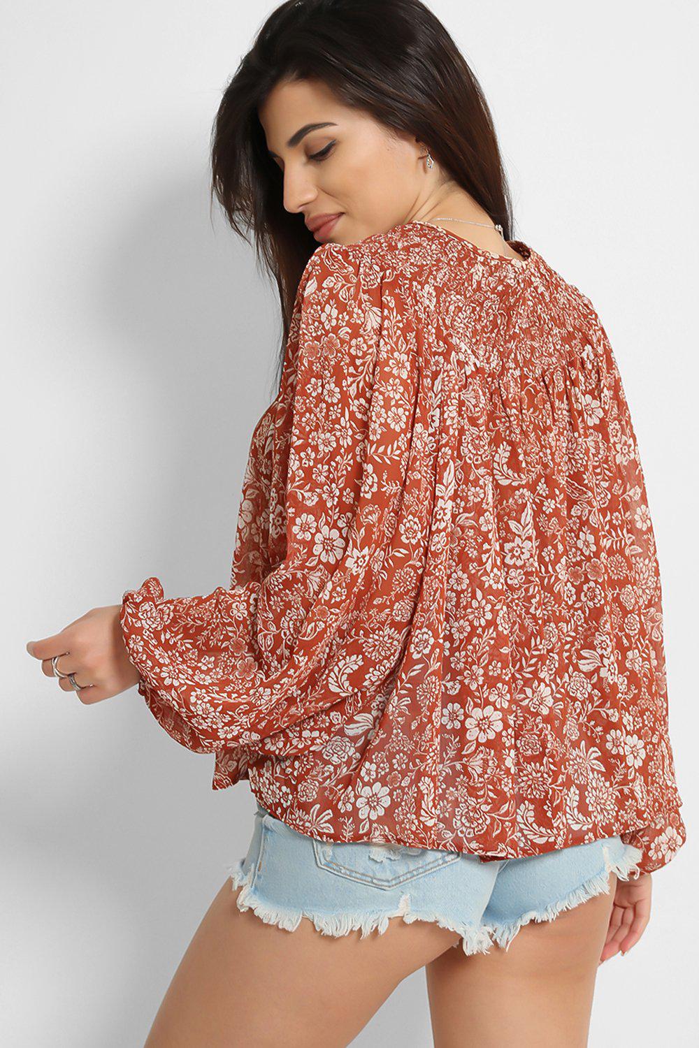 Brown Tiny Floral Print Shirred Neckline Blouse-SinglePrice