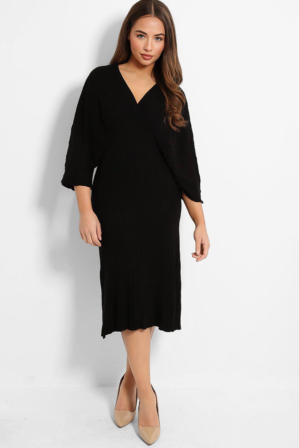 Black V-Neck Ribbed Knit Batwing Midi Dress - SinglePrice