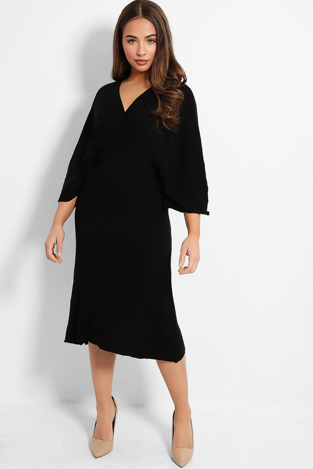 Black V-Neck Ribbed Knit Batwing Midi Dress - SinglePrice