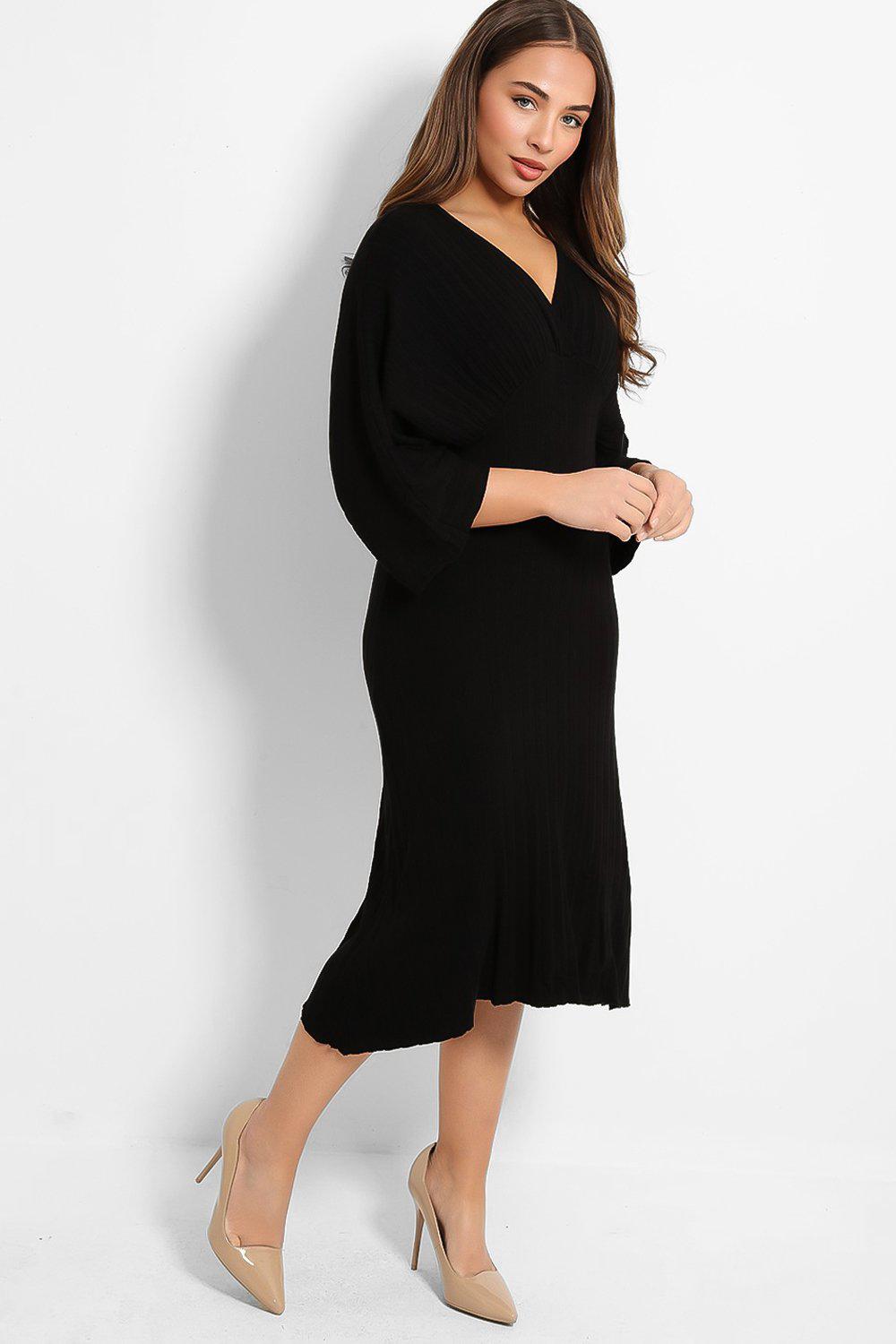 Black V-Neck Ribbed Knit Batwing Midi Dress - SinglePrice