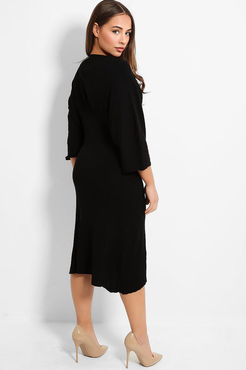 Black V-Neck Ribbed Knit Batwing Midi Dress - SinglePrice