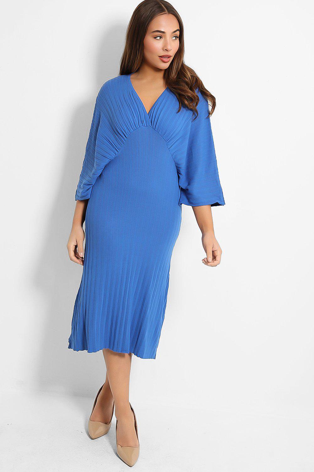 Blue V-Neck Ribbed Knit Batwing Midi Dress - SinglePrice