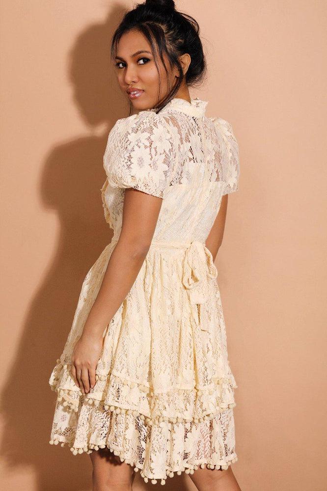 Beige Pom Pom Trims Layered Delicate Lace Dress-SinglePrice