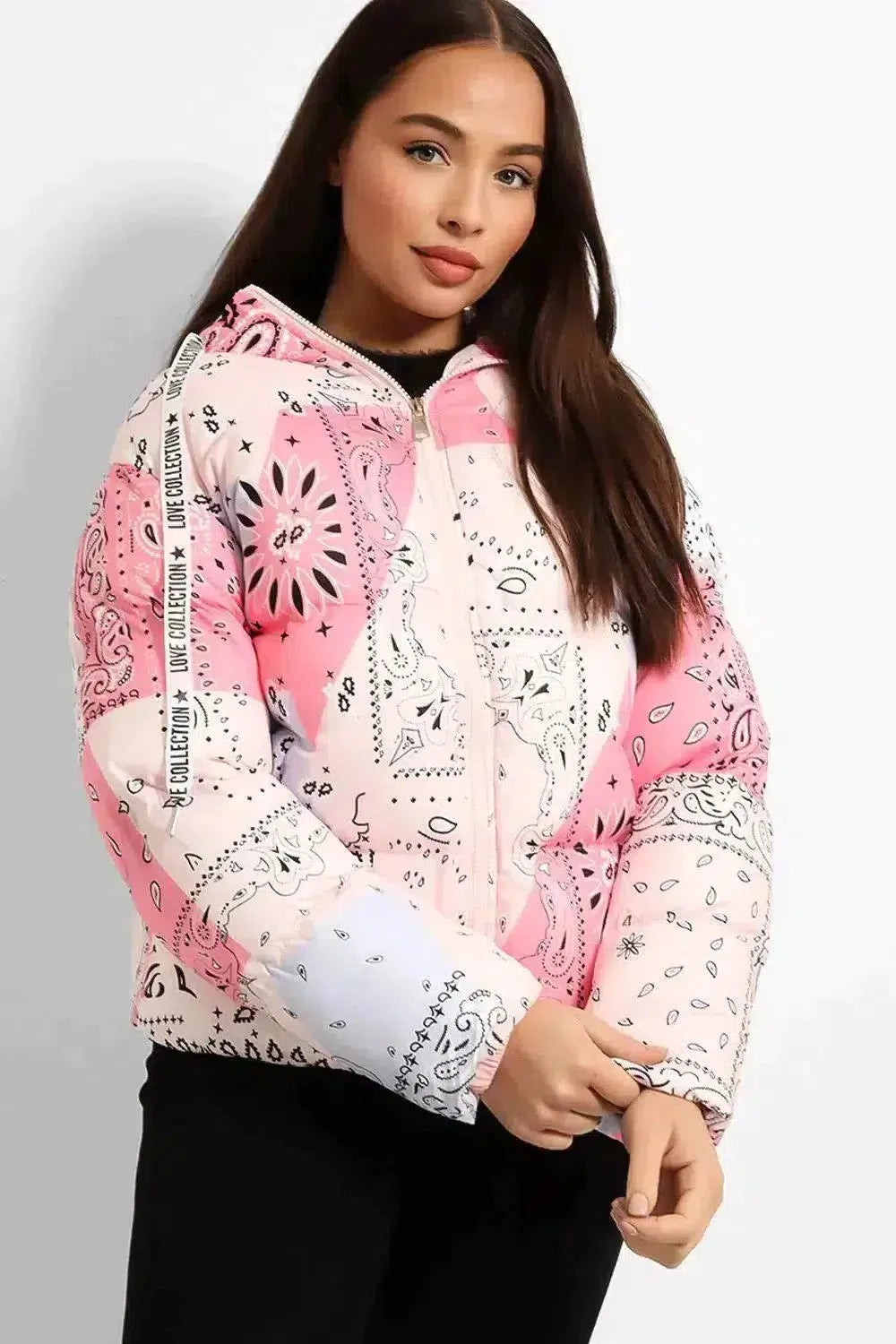 Pastel Paisley Print Short Hooded Puffer Jacket-SinglePrice
