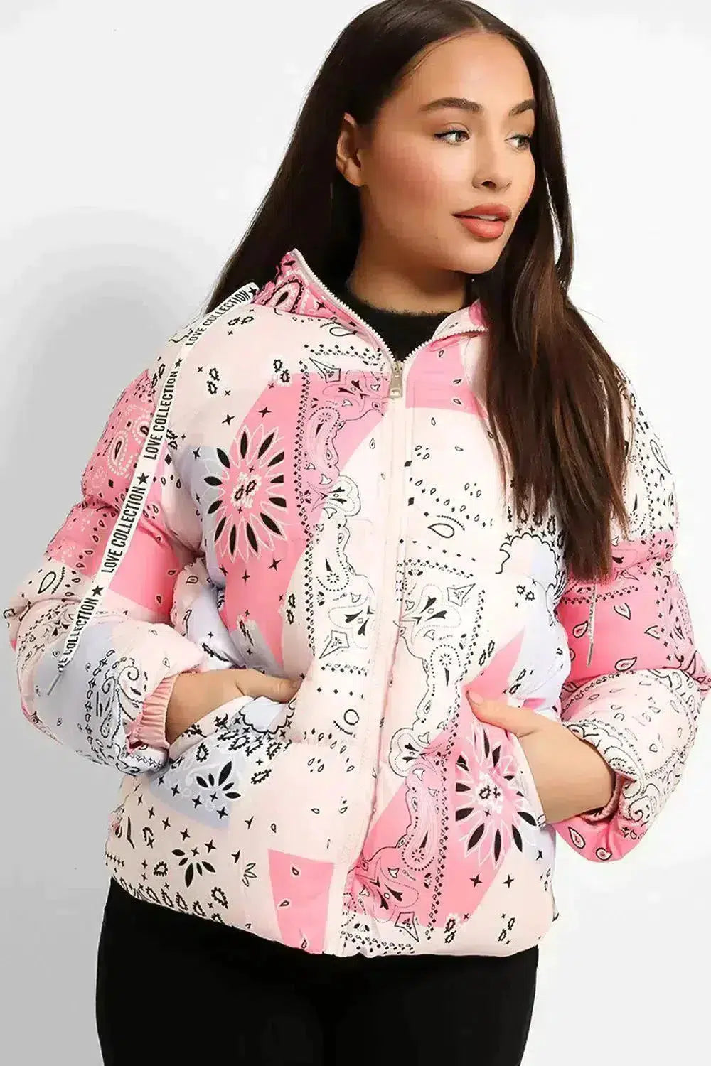 Pastel Paisley Print Short Hooded Puffer Jacket-SinglePrice