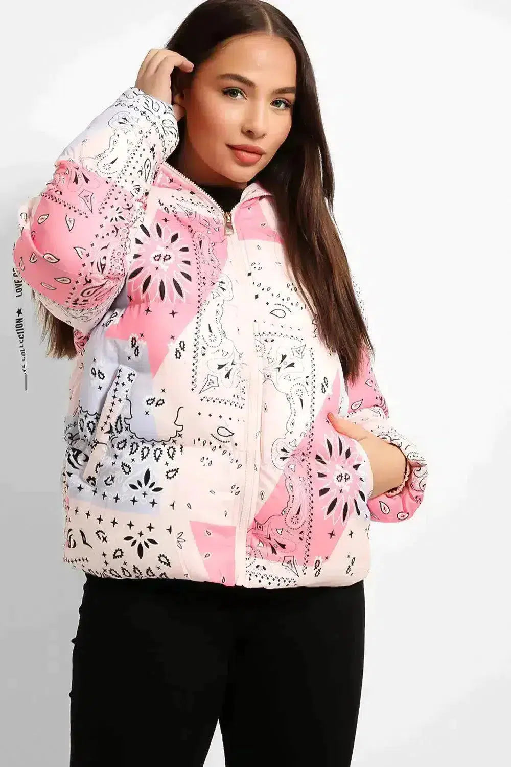 Pastel Paisley Print Short Hooded Puffer Jacket-SinglePrice