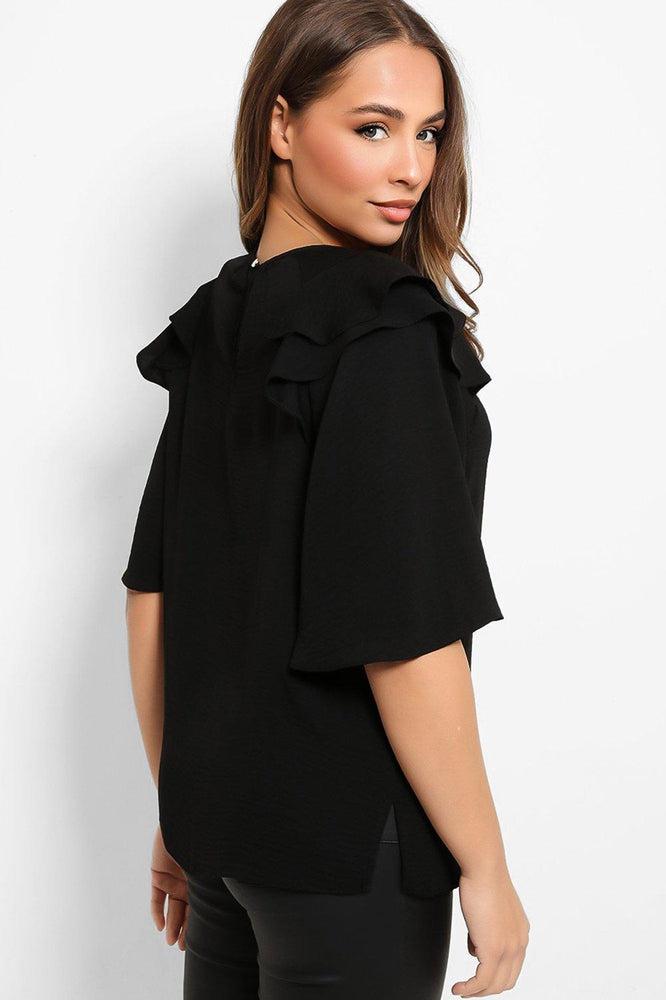 Black Frilled Shoulders Blouse-SinglePrice