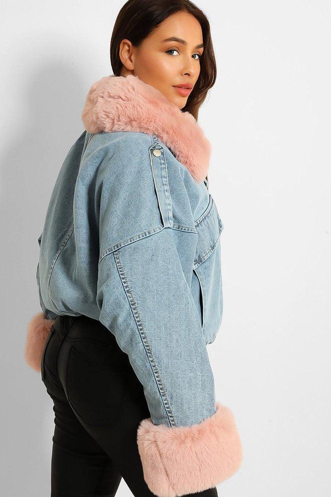 Detachable Faux Fur Cuffs Collar And Inner Lining Blue Denim Cropped Jacket-SinglePrice
