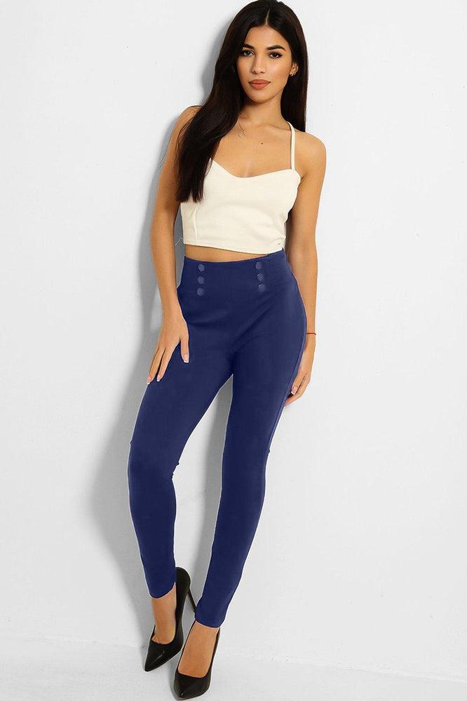 Matte Buttons Elastic Waist Ankle Grazer Trousers-SinglePrice