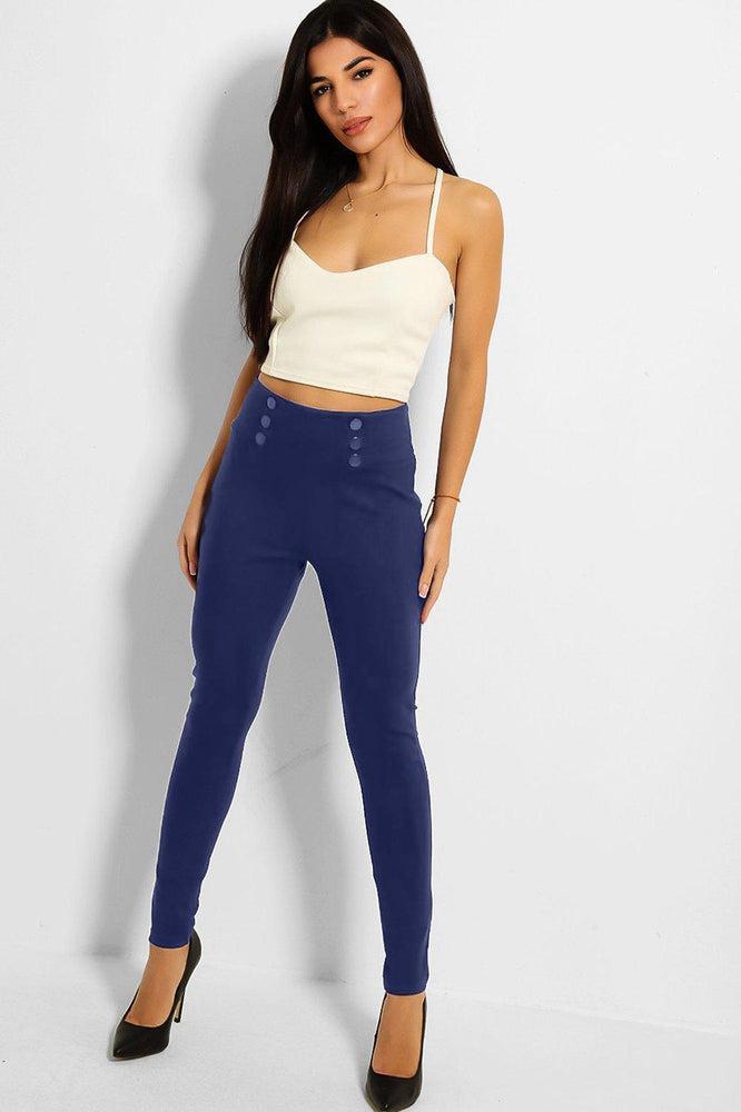 Matte Buttons Elastic Waist Ankle Grazer Trousers-SinglePrice