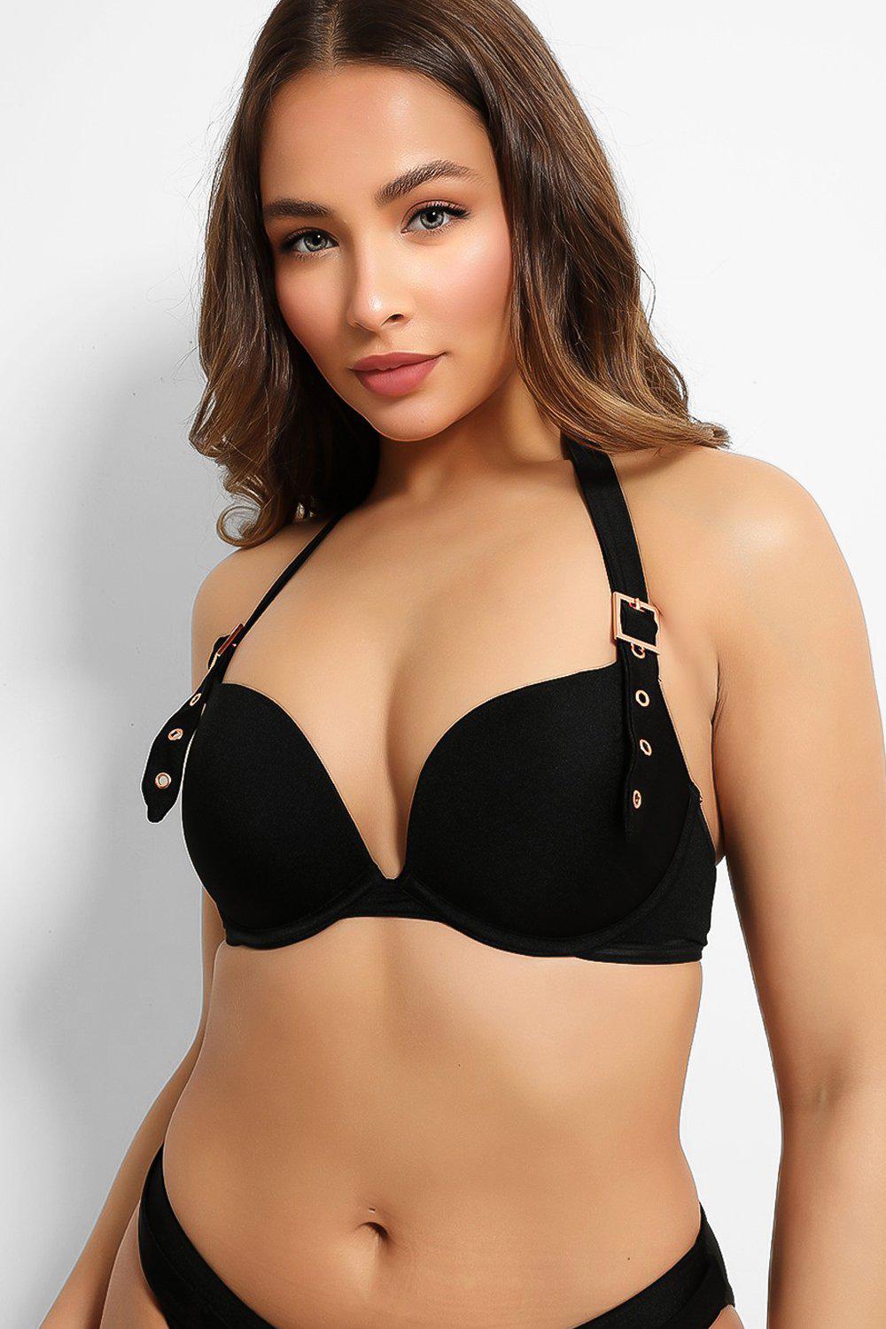 Black Rose Gold Buckle Detail Bikini Top-SinglePrice