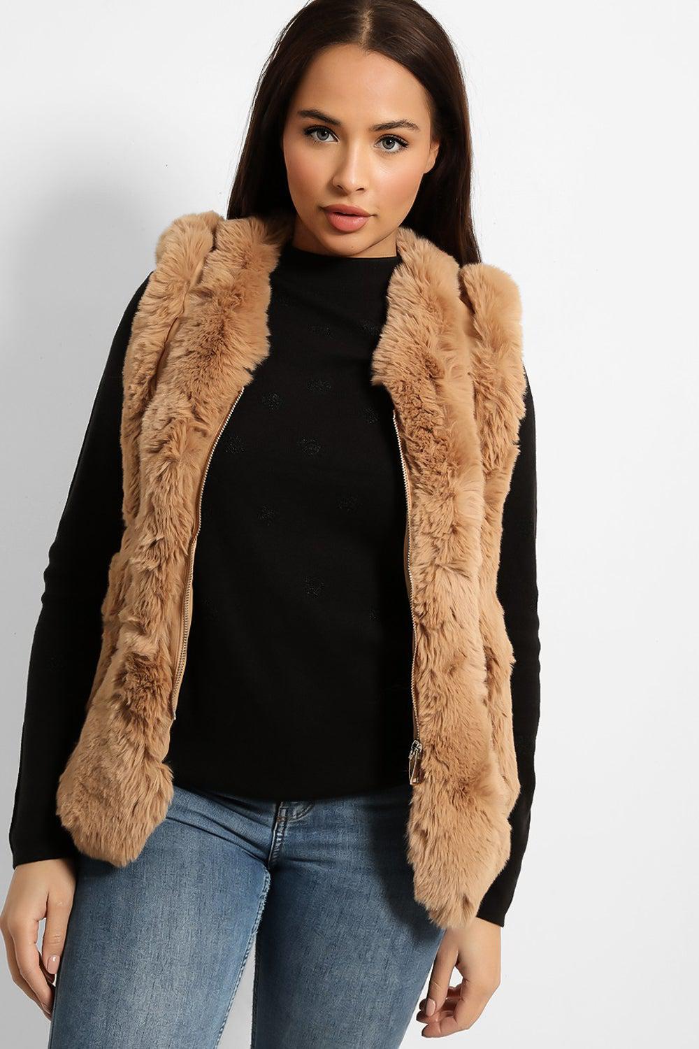 Faux Fur Stripes ZIpped Front Gilet-SinglePrice