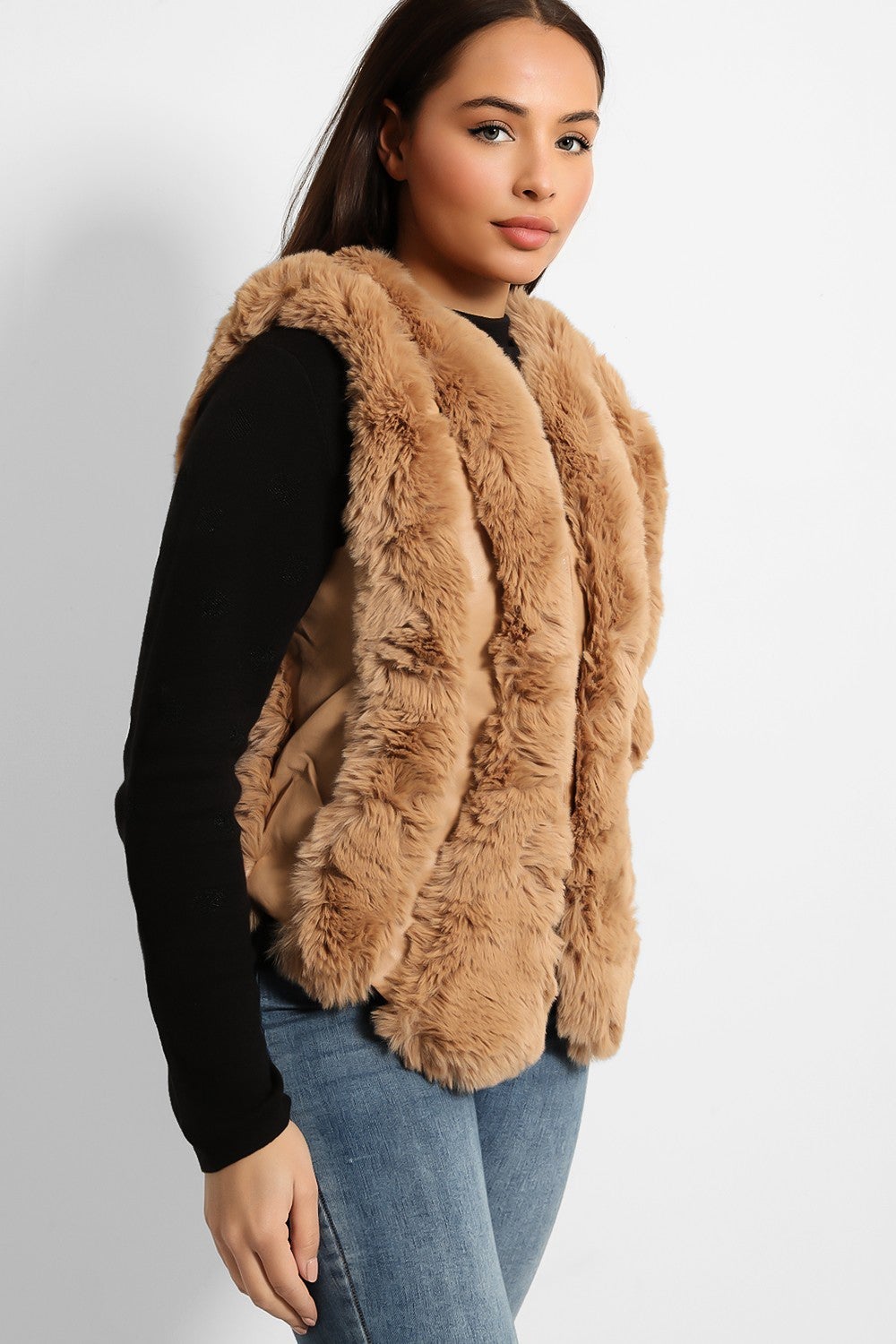 Faux Fur Stripes ZIpped Front Gilet-SinglePrice