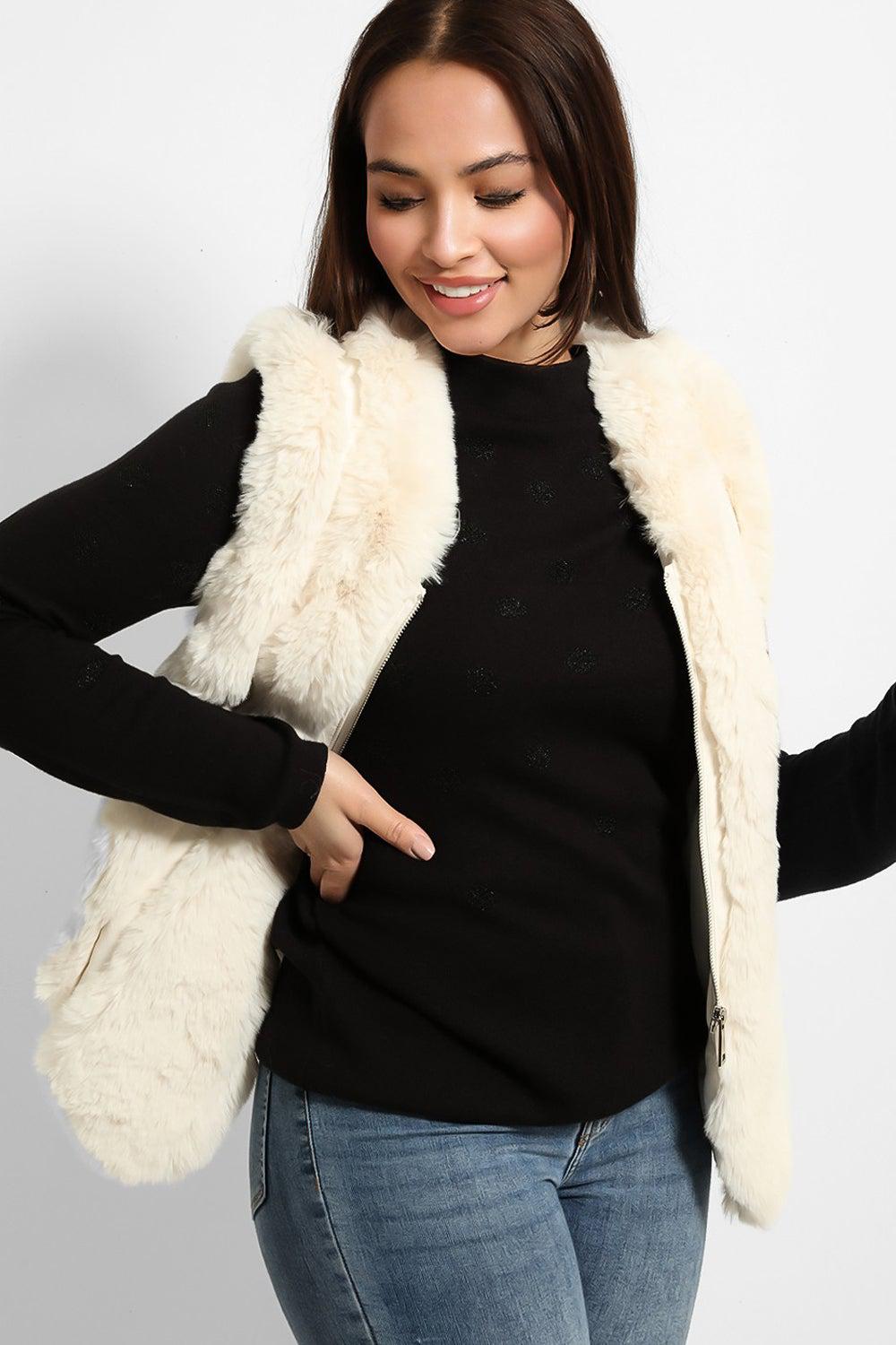 Faux Fur Stripes ZIpped Front Gilet-SinglePrice