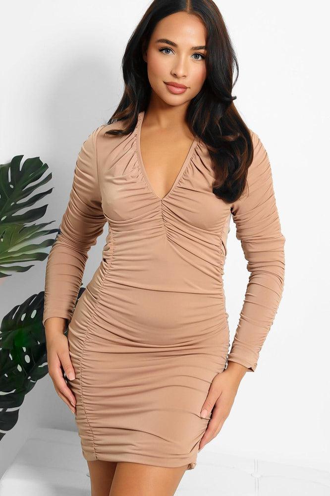 Deep Plunge Ruched Mini Dress-SinglePrice