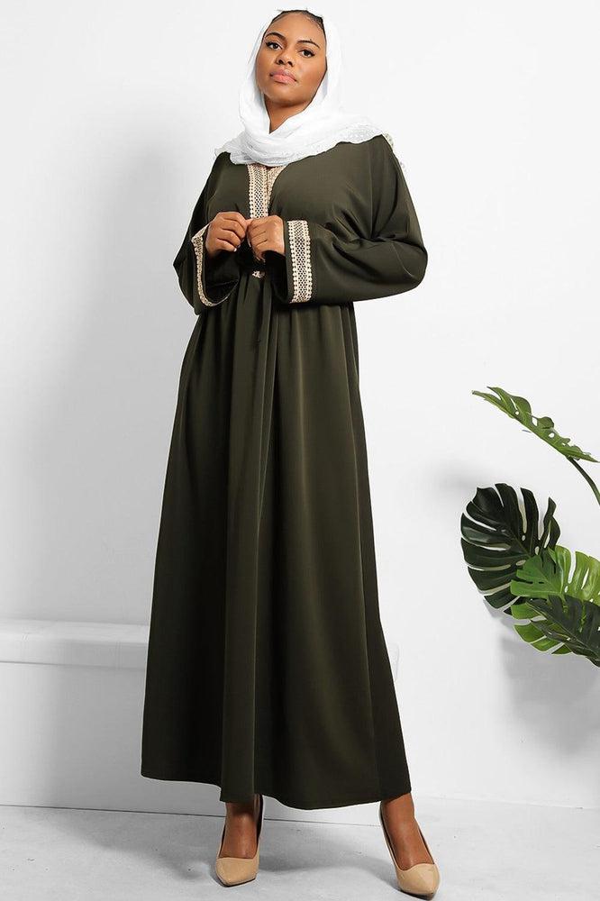 Crochet Lace Trim Drawstring Waist Modest Dress-SinglePrice