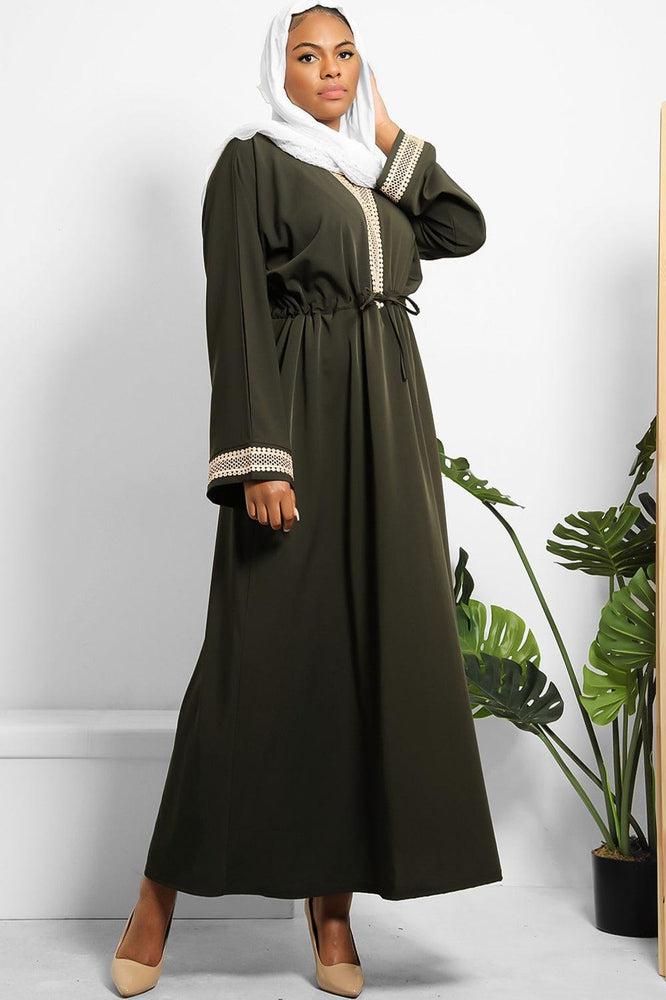 Crochet Lace Trim Drawstring Waist Modest Dress-SinglePrice