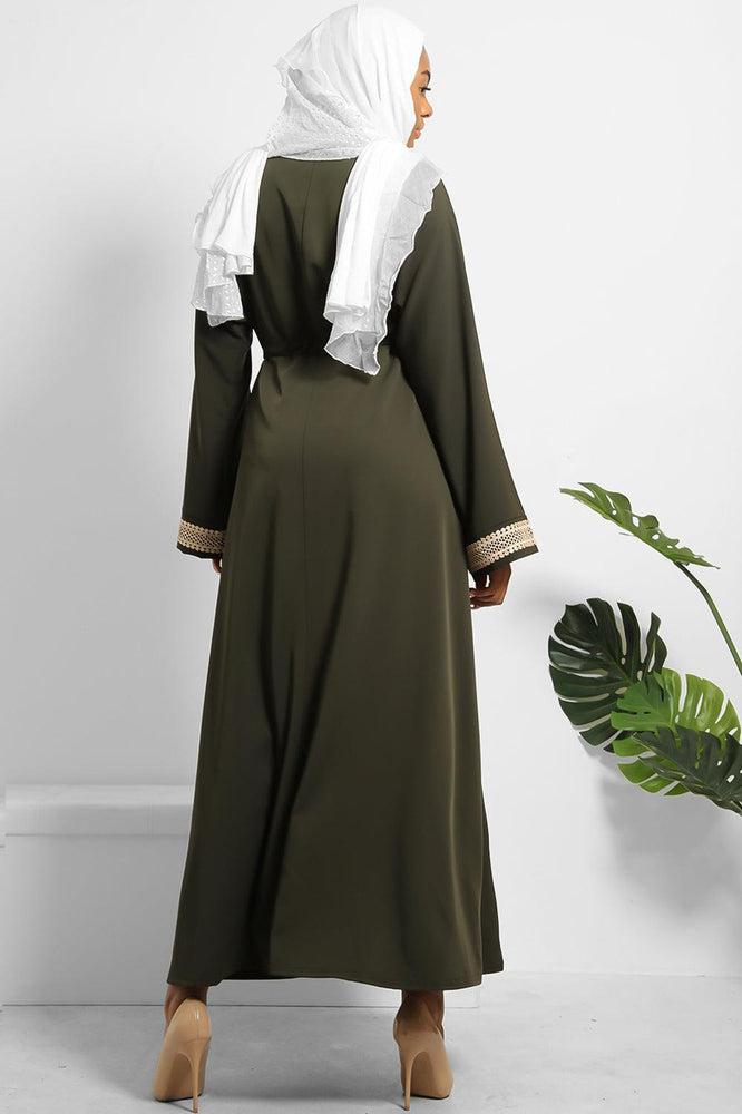 Crochet Lace Trim Drawstring Waist Modest Dress-SinglePrice