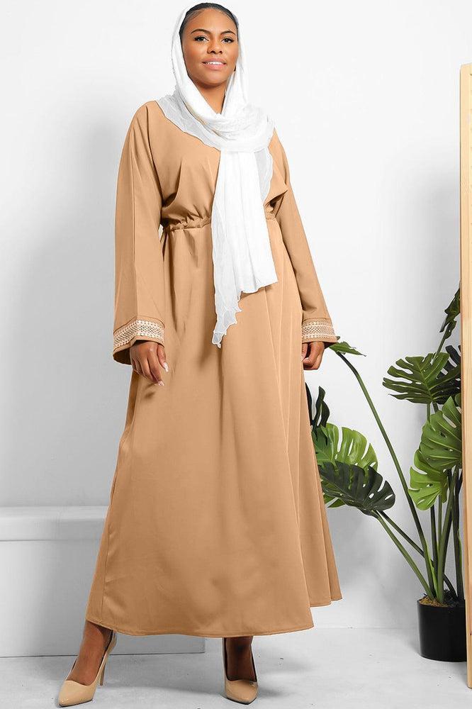 Crochet Lace Trim Drawstring Waist Modest Dress-SinglePrice
