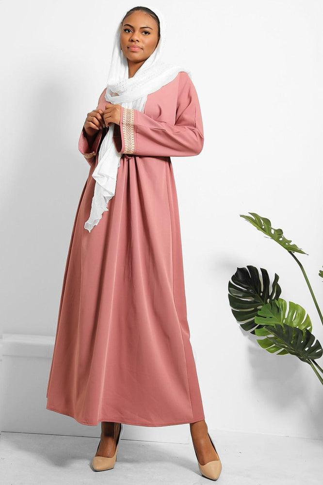 Crochet Lace Trim Drawstring Waist Modest Dress-SinglePrice