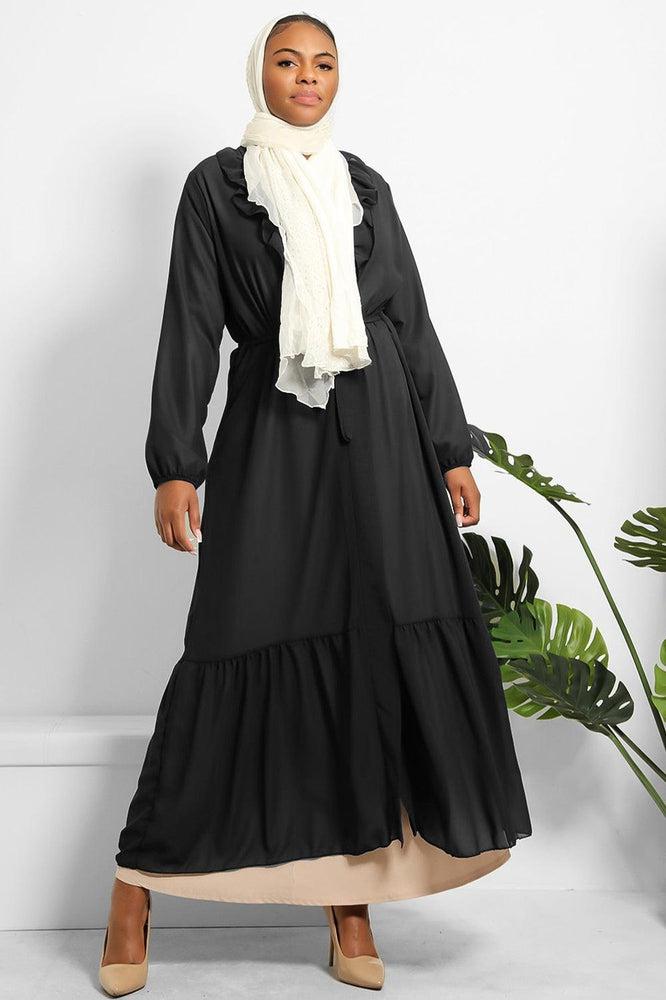 Frilled Neckline Waist Tie Chiffon Modest Kaftan-SinglePrice