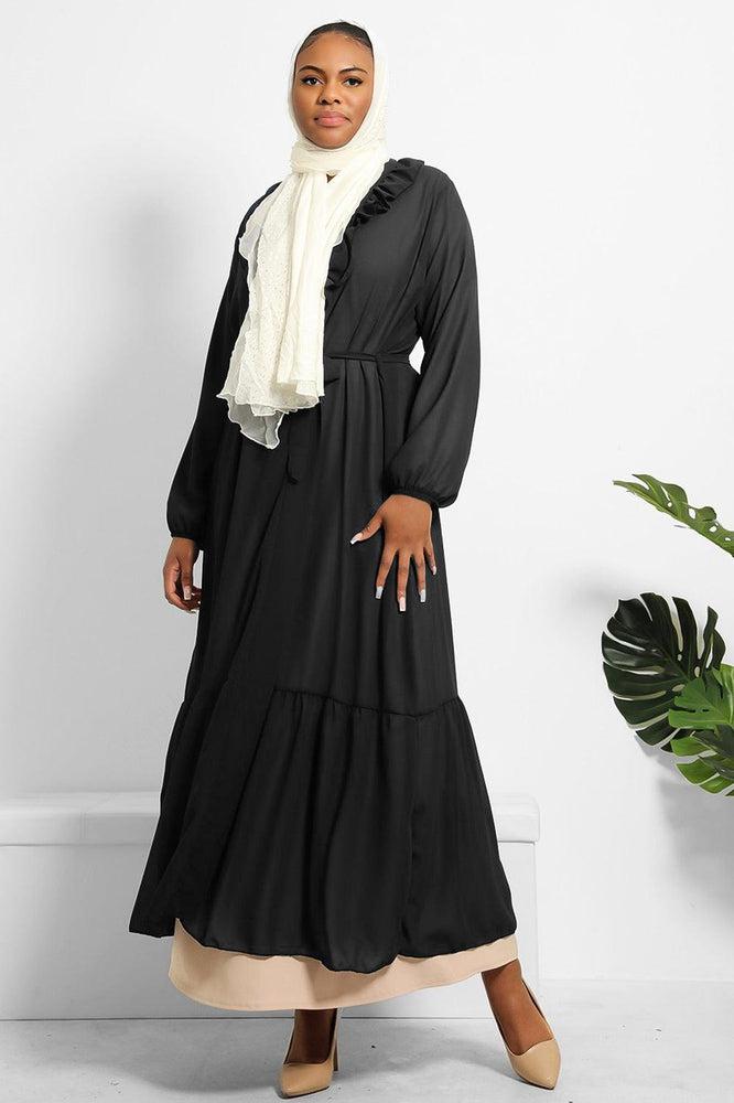 Frilled Neckline Waist Tie Chiffon Modest Kaftan-SinglePrice