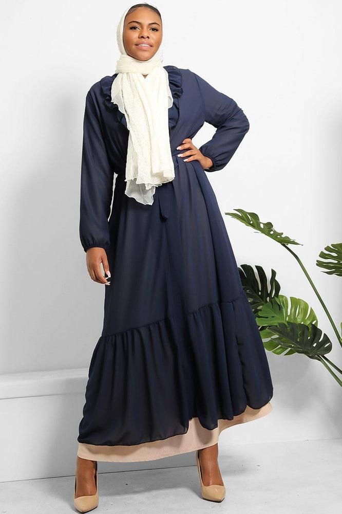 Frilled Neckline Waist Tie Chiffon Modest Kaftan-SinglePrice