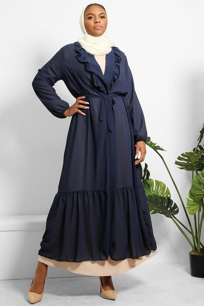 Frilled Neckline Waist Tie Chiffon Modest Kaftan-SinglePrice