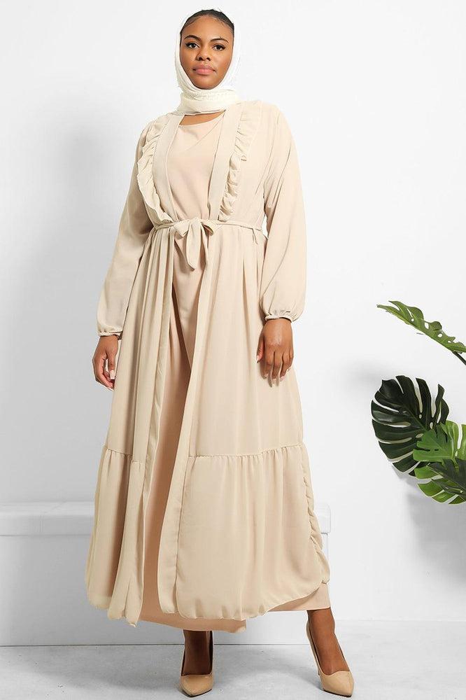 Frilled Neckline Waist Tie Chiffon Modest Kaftan-SinglePrice