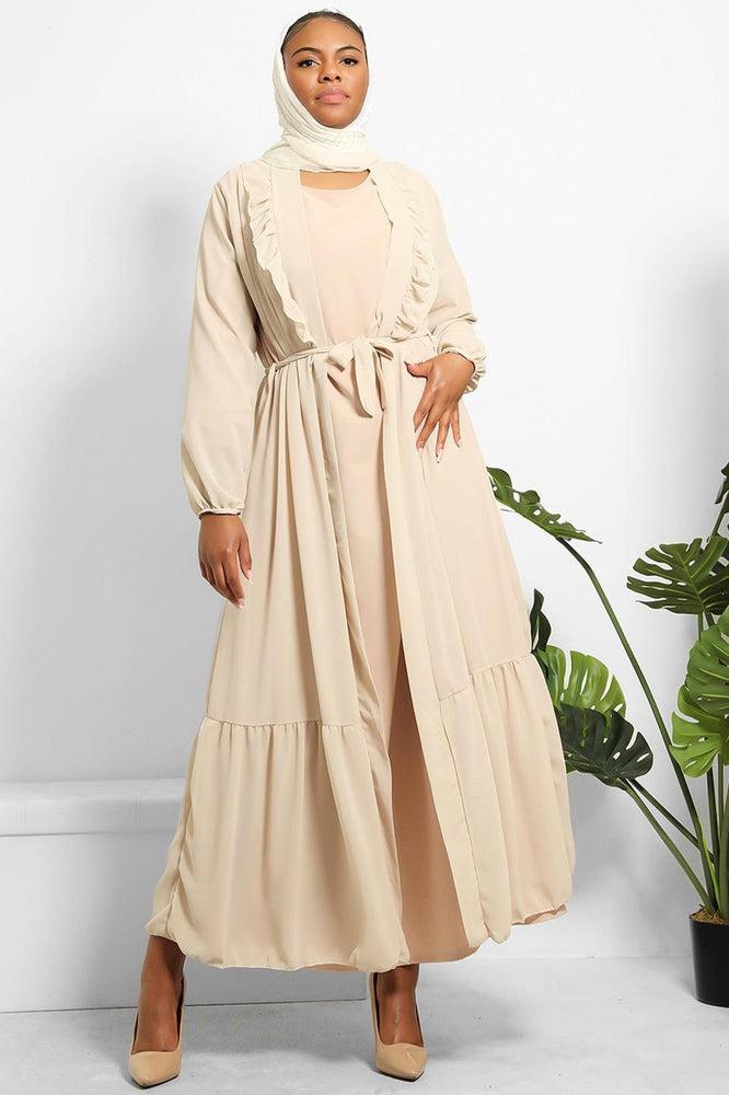 Frilled Neckline Waist Tie Chiffon Modest Kaftan-SinglePrice