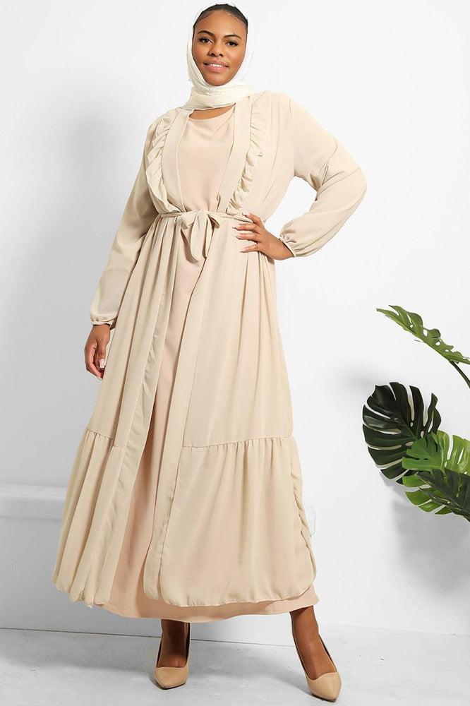 Frilled Neckline Waist Tie Chiffon Modest Kaftan-SinglePrice